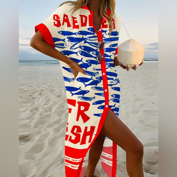 Vibrant Red and Blue Graphic Maxi Dress - Picture 1 of 8